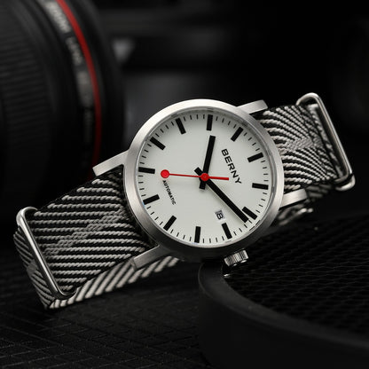 BERNY Automatic Watch Men 40mm Luminous Railway Time Dial MIYOTA 8215 Nylon Strap Sapphire 50M Waterproof Men's Mechanical Watch