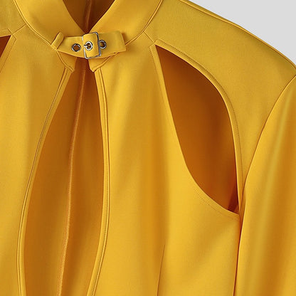 INCERUN Men Blazer Solid Stand Collar Long Sleeve Hollow Out Male Suit Streetwear Personality Fashion Casual Blazer With Belt