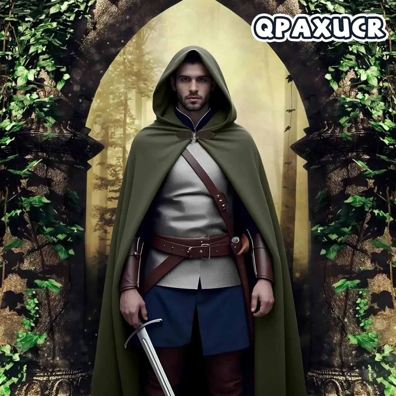 Cloak with Hood Men?Medieval Costume Men Round Metal Buckle Cloak with Green Leaf Brooch Necklace for Halloween