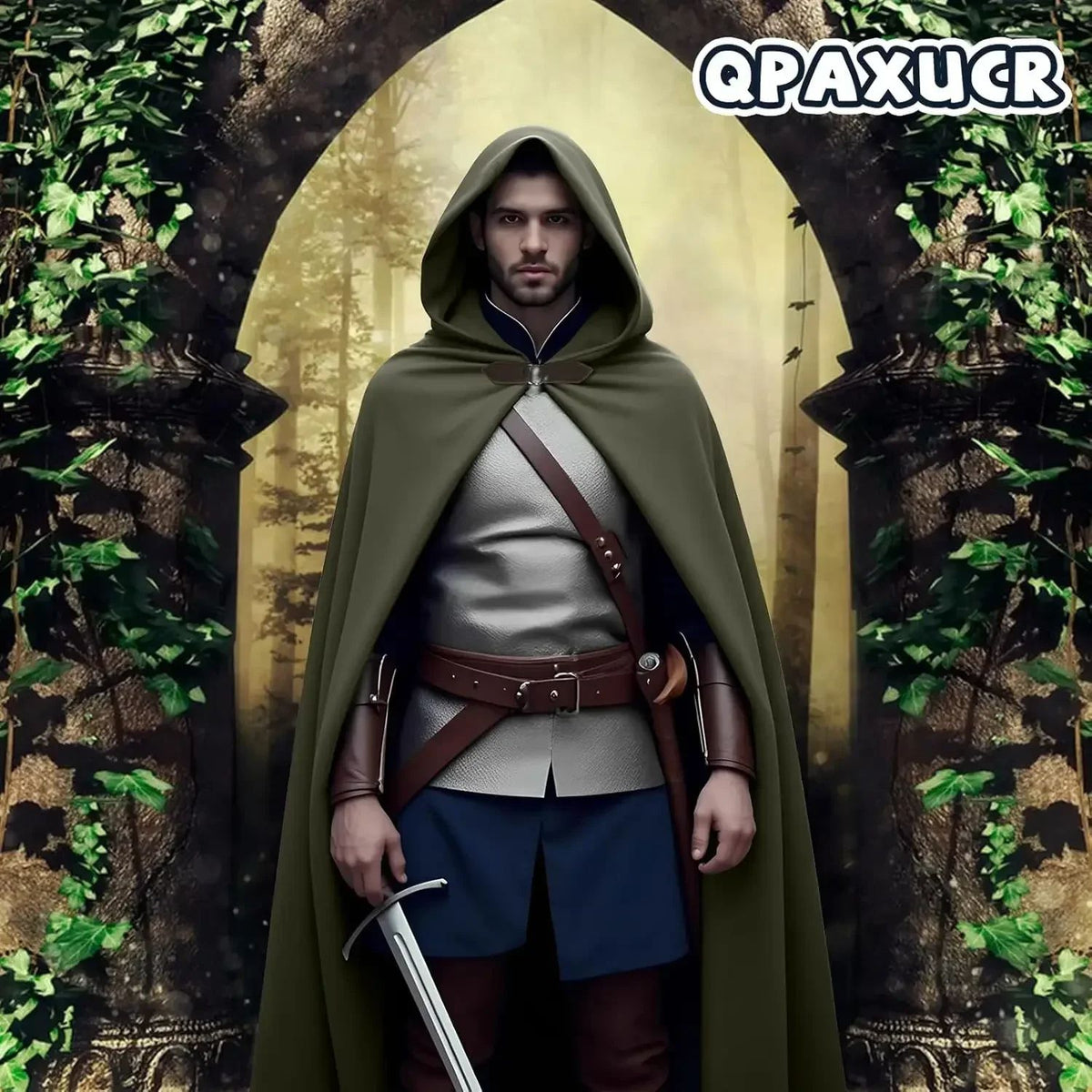 Cloak with Hood Men?Medieval Costume Men Round Metal Buckle Cloak with Green Leaf Brooch Necklace for Halloween