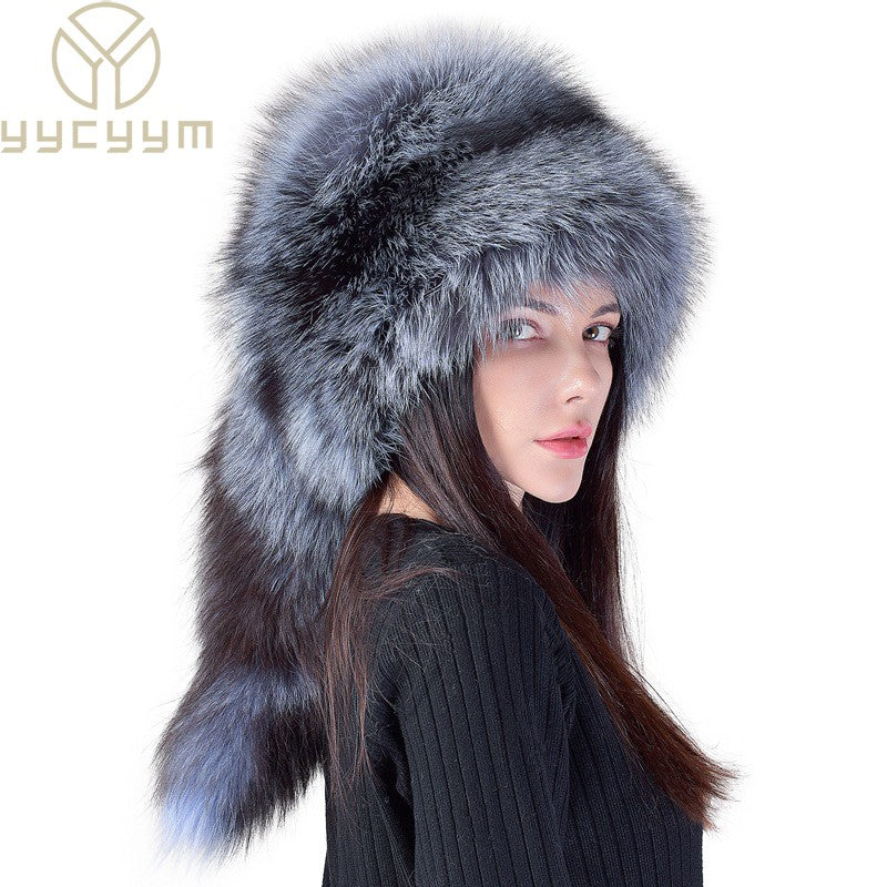 2025 Novo Estilo Chapéu Russo Ushanka de Pele de Raposa Natural Feminino Quente de Inverno Estilo Popular Fofo Boné Feminino com Cauda de Pele Real da Moda