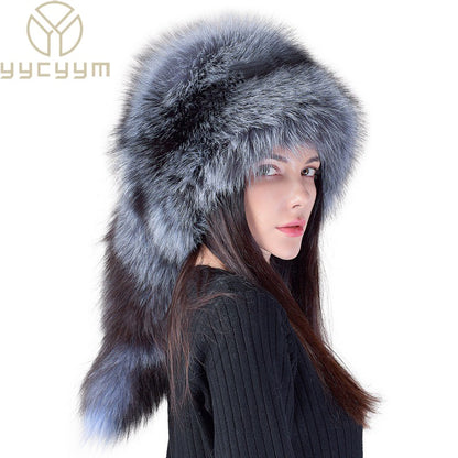 2025 Novo Estilo Chapéu Russo Ushanka de Pele de Raposa Natural Feminino Quente de Inverno Estilo Popular Fofo Boné Feminino com Cauda de Pele Real da Moda