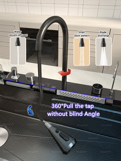 Stainless Steel Waterfall Kitchen Sink Digital Display Faucet Set Embossed Extra Large Single Slot Multiple Types of sinks