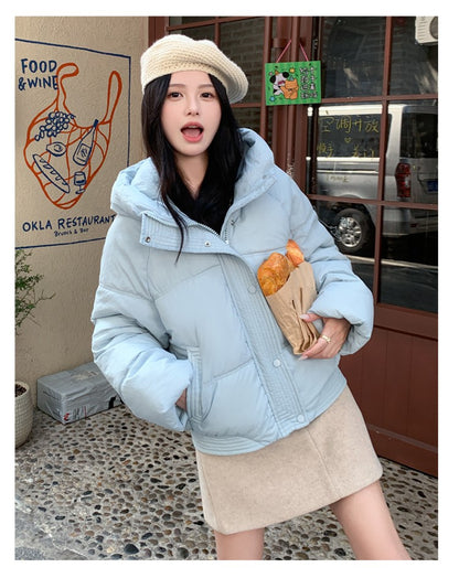 Korean Winter Women Black Beige Hood Zipper Down Jacket Ladies Blue Single Breasted Short Warm Thick Bread Coat Streetwear Trend
