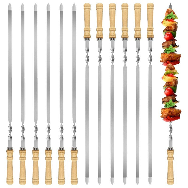 Stainless Steel Barbecue Skewers Long Handle 55cm Wooden Barbecue Handle Large Flat Stick Outdoor Picnic Barbecue Tools