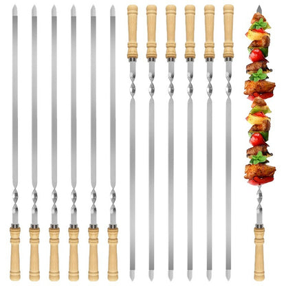 Stainless Steel Barbecue Skewers Long Handle 55cm Wooden Barbecue Handle Large Flat Stick Outdoor Picnic Barbecue Tools
