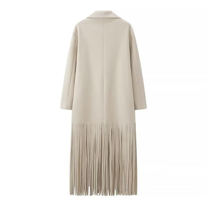 Fashion Tassel Solid Color O-neck Overcoat Woman 2024 Autumn Winter Loose Temperament Long-sleeve Pocket Coat Female Streetwear