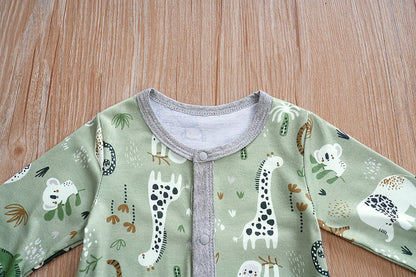 IURNXB Baby Jumpsuit Long Sleeve Boy Cute Newborn Outfit Cartoon Animal Allover Print Cardigan Infant Romper Spring Autumn 0-18M
