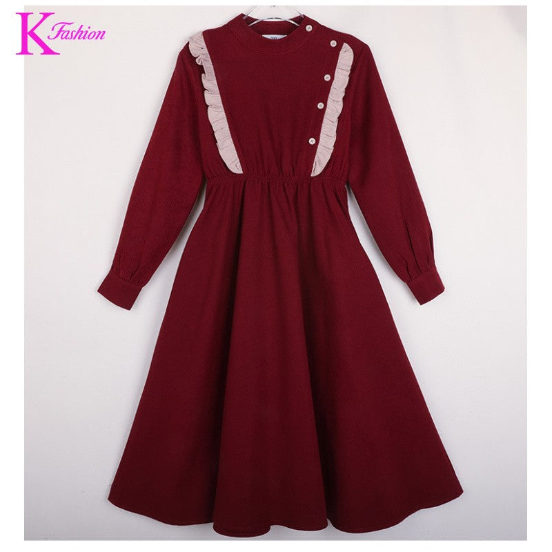 Girls' Dress New Style For  Children Stand Collar Waist-Cinching Slimming Mid-Length Dress Long Sleeve For Kids 5-12Y