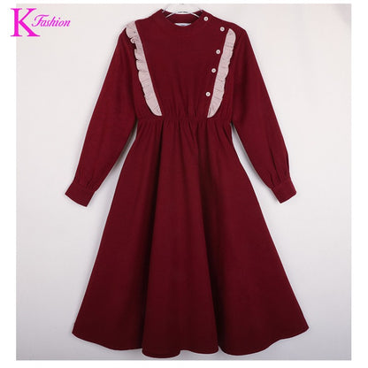 Girls' Dress New Style For  Children Stand Collar Waist-Cinching Slimming Mid-Length Dress Long Sleeve For Kids 5-12Y