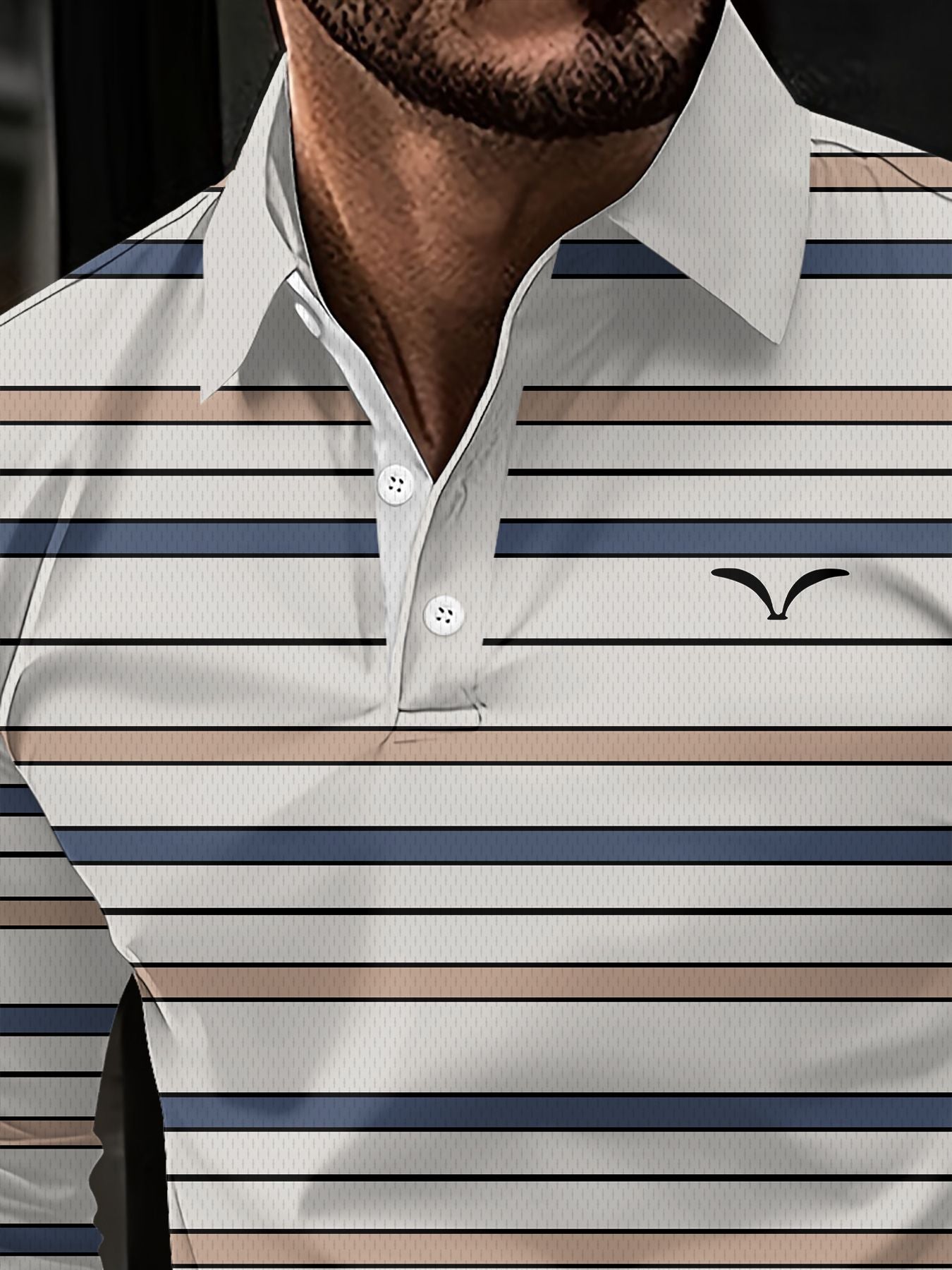 Men's Striped Long Sleeved T-shirt Polo Shirt Button Up Men's Stand Up Collar, Winter Double-sided German Velvet Base Shirt