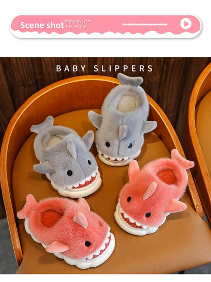 Winter Heel Wrap Cotton Children's Slippers Cute Cartoon Shark Non-slip Soft Sole Kids Boys Girls Junior Warm Plush Home Shoes