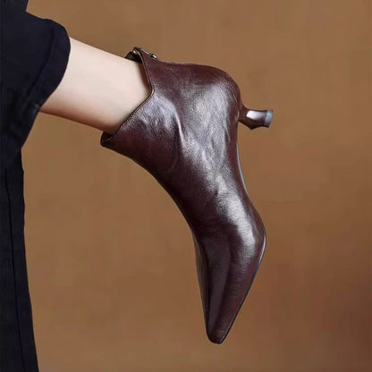 Elegant with Medium Heels Booties Autumn Winter Fleece-Lined Female Short Shoes Pointed Toe Leather Chelsea Women's Ankle Boots