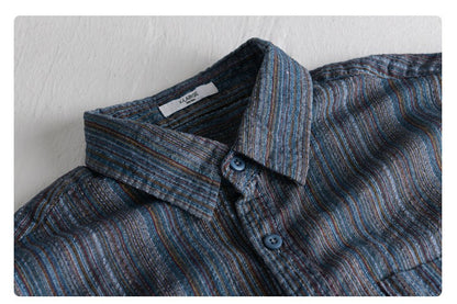 6158 Spring Fashion Japan Style Vintage Stripe Simple Cargo Shirt for Men Good Quality Cotton Long Sleeve Slim Fit Casual Blouse