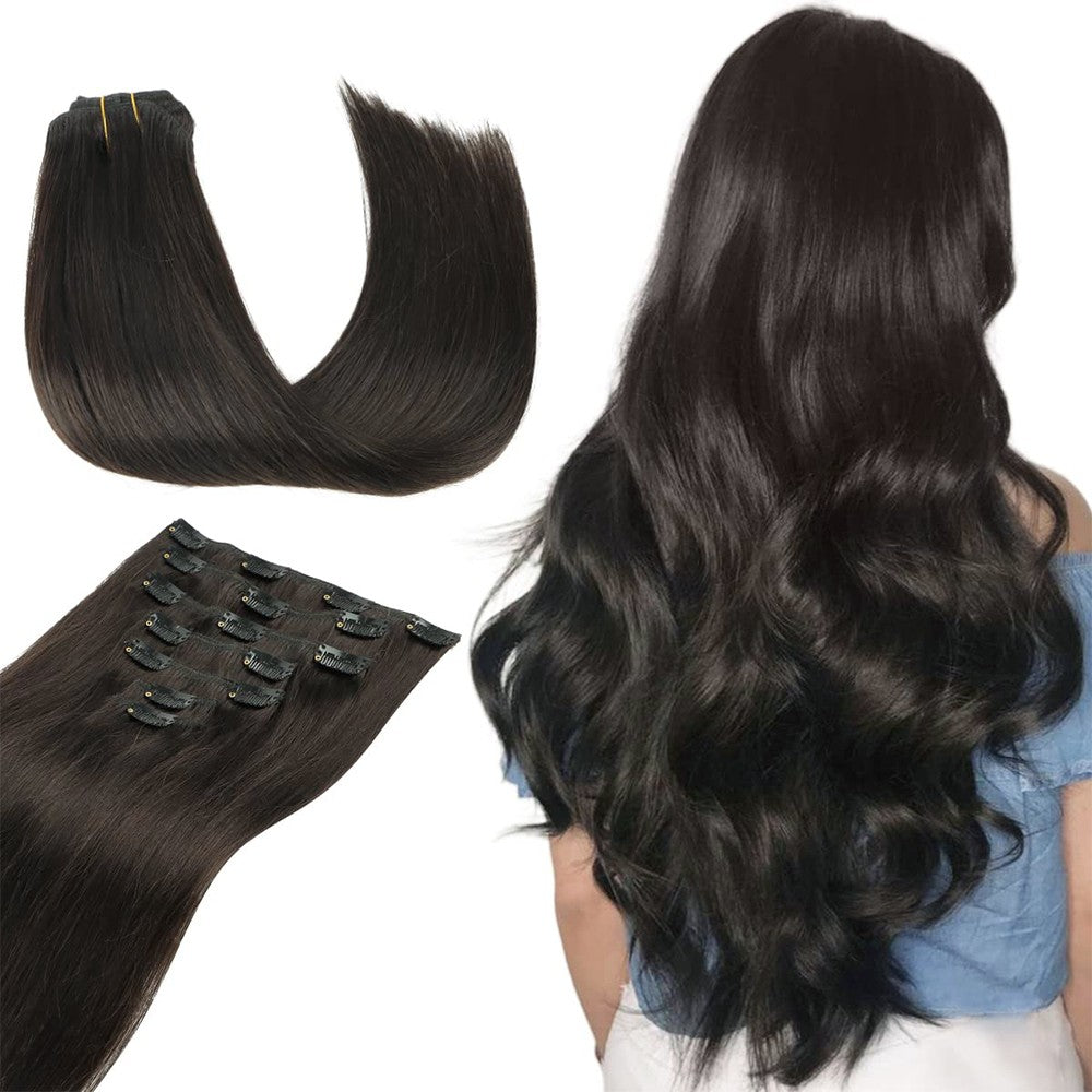 7 peças/conjunto de aplique de cabelo com 16 grampos, preto, longo e liso, cabelo natural, aplique de cabelo ombre, fibra resistente ao calor para penteado feminino