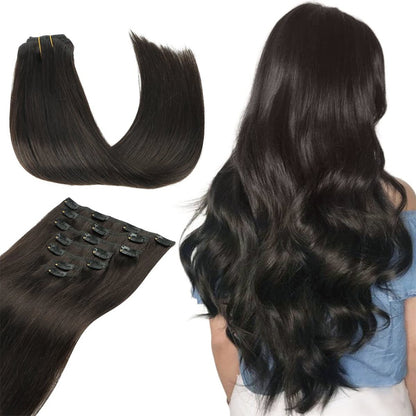 7 peças/conjunto de aplique de cabelo com 16 grampos, preto, longo e liso, cabelo natural, aplique de cabelo ombre, fibra resistente ao calor para penteado feminino