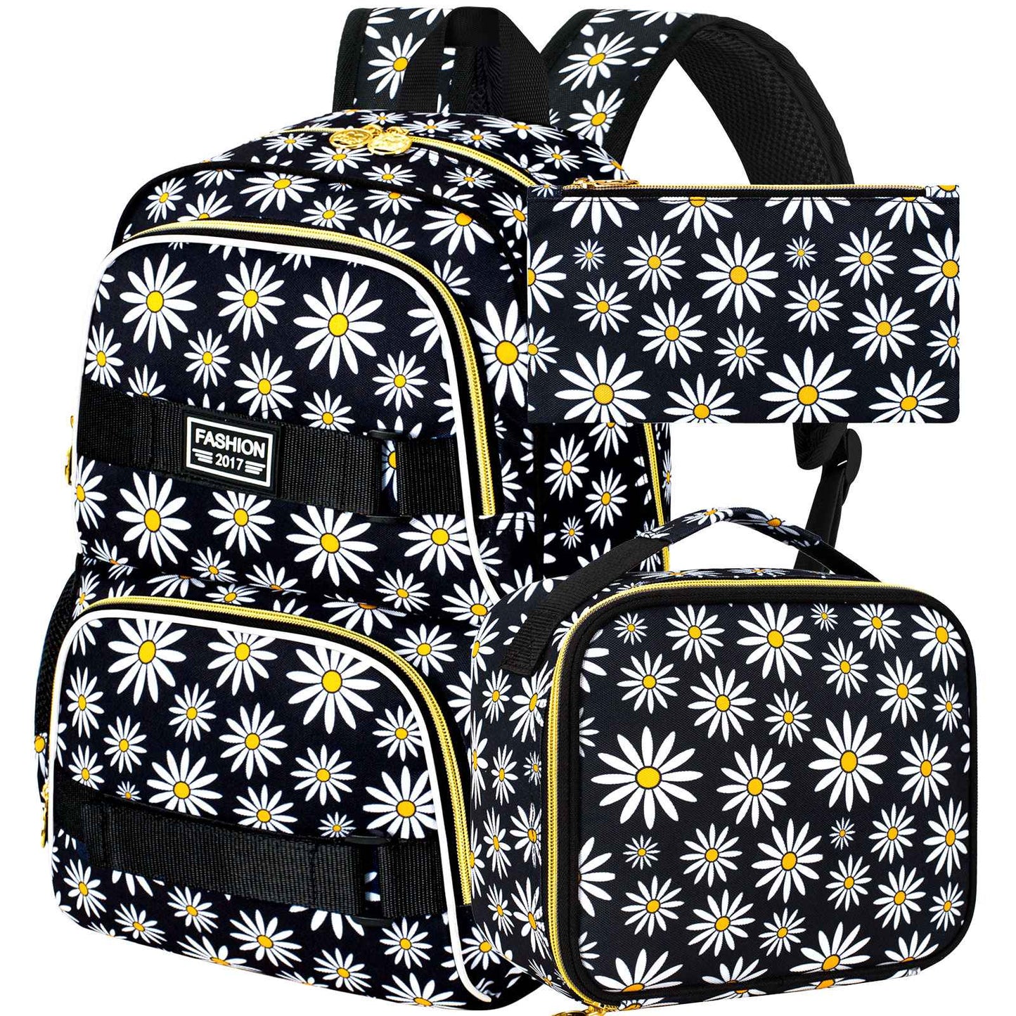 3PCS Daisy Girls Backpack, 17 Inch Laptop School Bookbag Teen College Water Resistant Kids Backpacks with Lunch Box Set - Grey