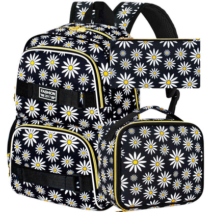 3PCS Daisy Girls Backpack, 17 Inch Laptop School Bookbag Teen College Water Resistant Kids Backpacks with Lunch Box Set - Grey