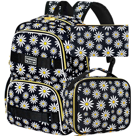 3PCS Daisy Girls Backpack, 17 Inch Laptop School Bookbag Teen College Water Resistant Kids Backpacks with Lunch Box Set - Grey