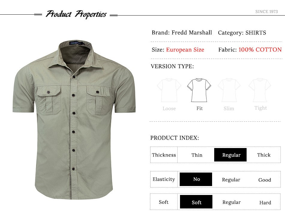 Fredd Marshall New Mens Military Shirt Men Short Sleeve Cargo Shirts 100% Cotton Casual Solid Shirt Male Pocket Work Shirt 55889