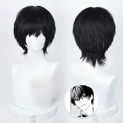 Peruca Cosplay Yoshida Hirofumi de Chainsaw Man, 35cm, Curta, Preta, Cabelo Sintético Resistente ao Calor, Masculina, para Festa