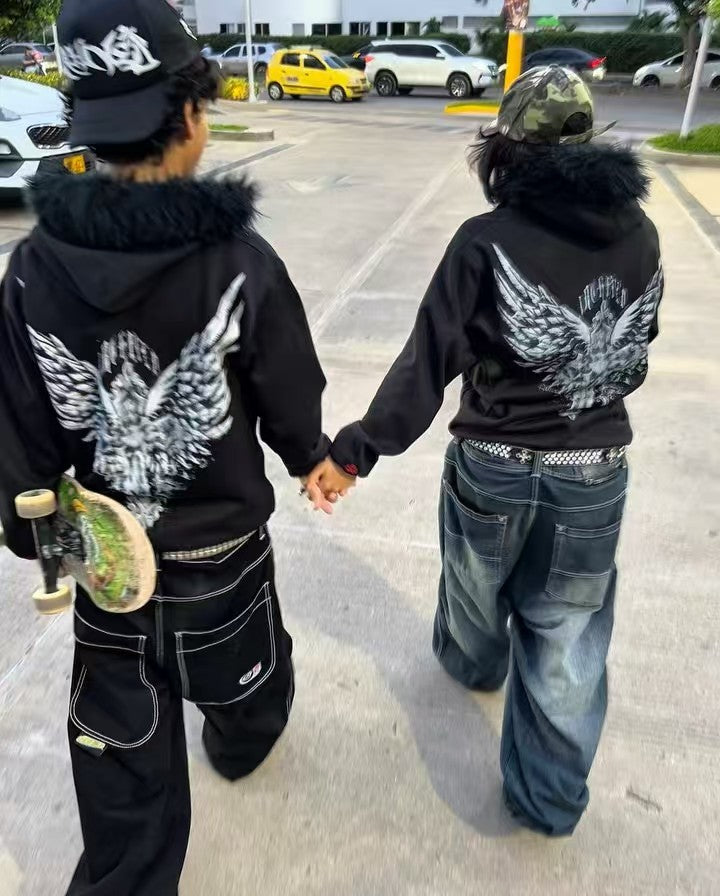 Autumn and winter fashion figure pattern wing letter fleece men hoodie American street hip-hop clothing couple casual sportswear