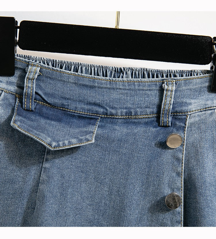 Plus Size Denim Skirt Women Autumn 2024 New High Elastic Waist Blue Color Jeans Skirts With Lining Korean Style Casual Skirt