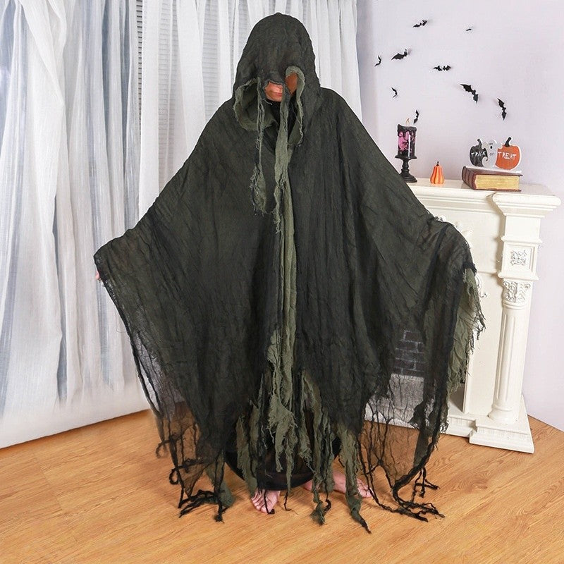 Horror Grim Reaper Cosplay Set Fringed Worn Hooded Cloak Disassemble Skull Scythe Prop For Halloween Party Dress Up
