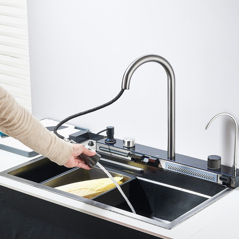 304 Stainless Steel Waterfall Kitchen Sink Large Single Slot Integrated Digital Display Faucet Set Soap Dispenser 75*45cm
