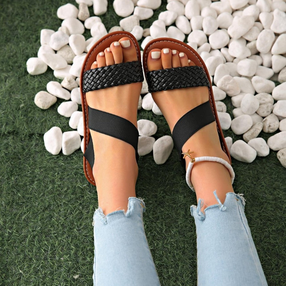 Summer Ladies Outdoor Sandals Fashion Round Headed Solid Color Weave Flat Shoes Casual Comfortable Women's Sandal