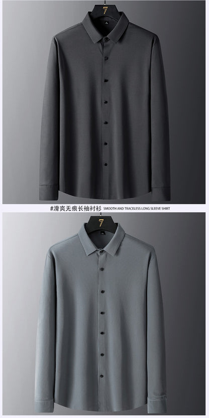Stretch Elastic Stripe Men's Shirt Long Sleeve Classic Blouse Male Elegant Work Big Size Plus Large High Quality Ice Silk Social