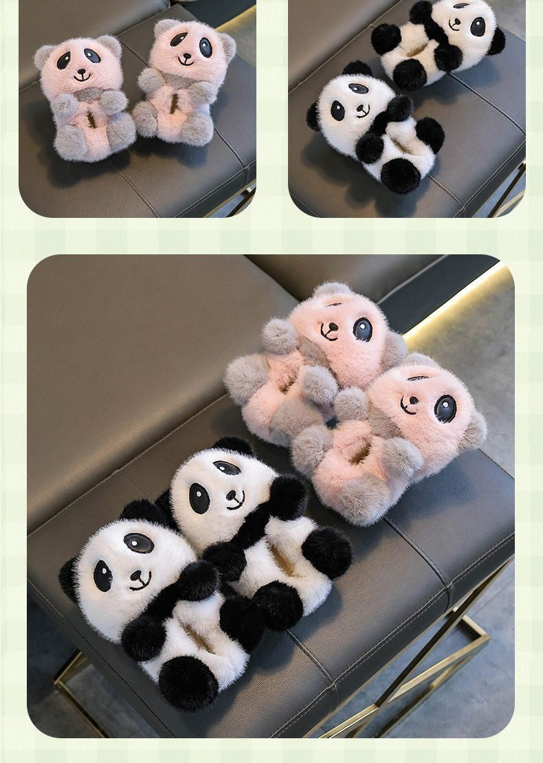 Cute panda children's slippers girls indoor slip on shoes, 2025 cartoon animal fur slippers house children flip flops