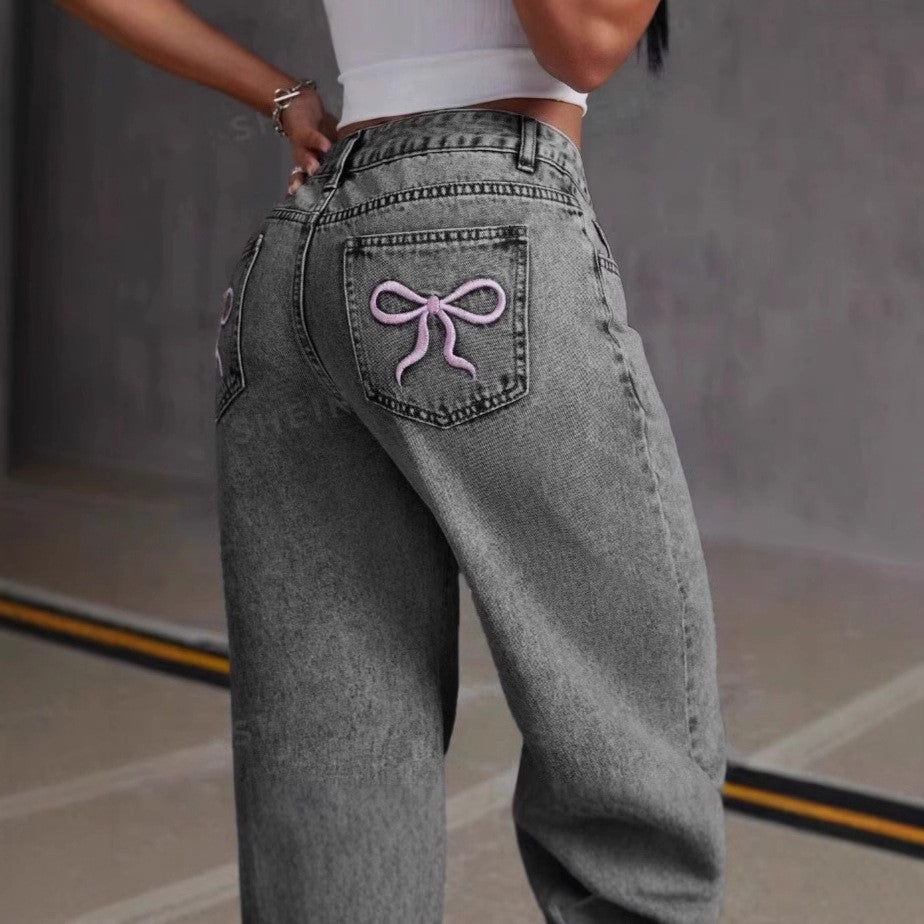 Bow Embroidered Jeans Women's Sweet Spicy Style High Waist Straight Leg Pants Loose Casual Wash High Street Denim Pants