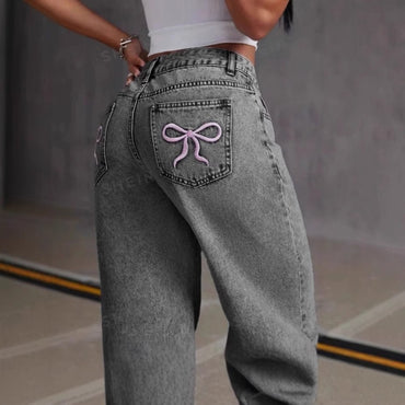 Bow Embroidered Jeans Women's Sweet Spicy Style High Waist Straight Leg Pants Loose Casual Wash High Street Denim Pants
