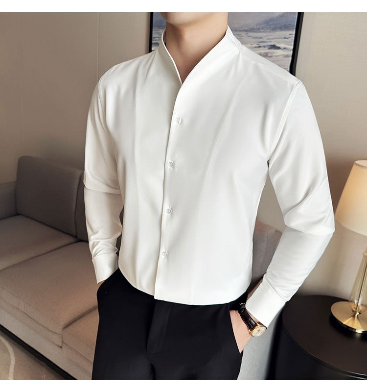 Advanced Sexy V-neck Men's Long Sleeved Shirt Designer Stand Up Collar Shirt Business Social Slim Fit Black and White Top