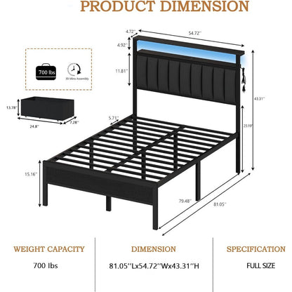 Bed Frame Charging Station and LED Lights,Grey Upholstered Headboard with Shelves,Metal Platform Bed with 2 Under-Bed Storage
