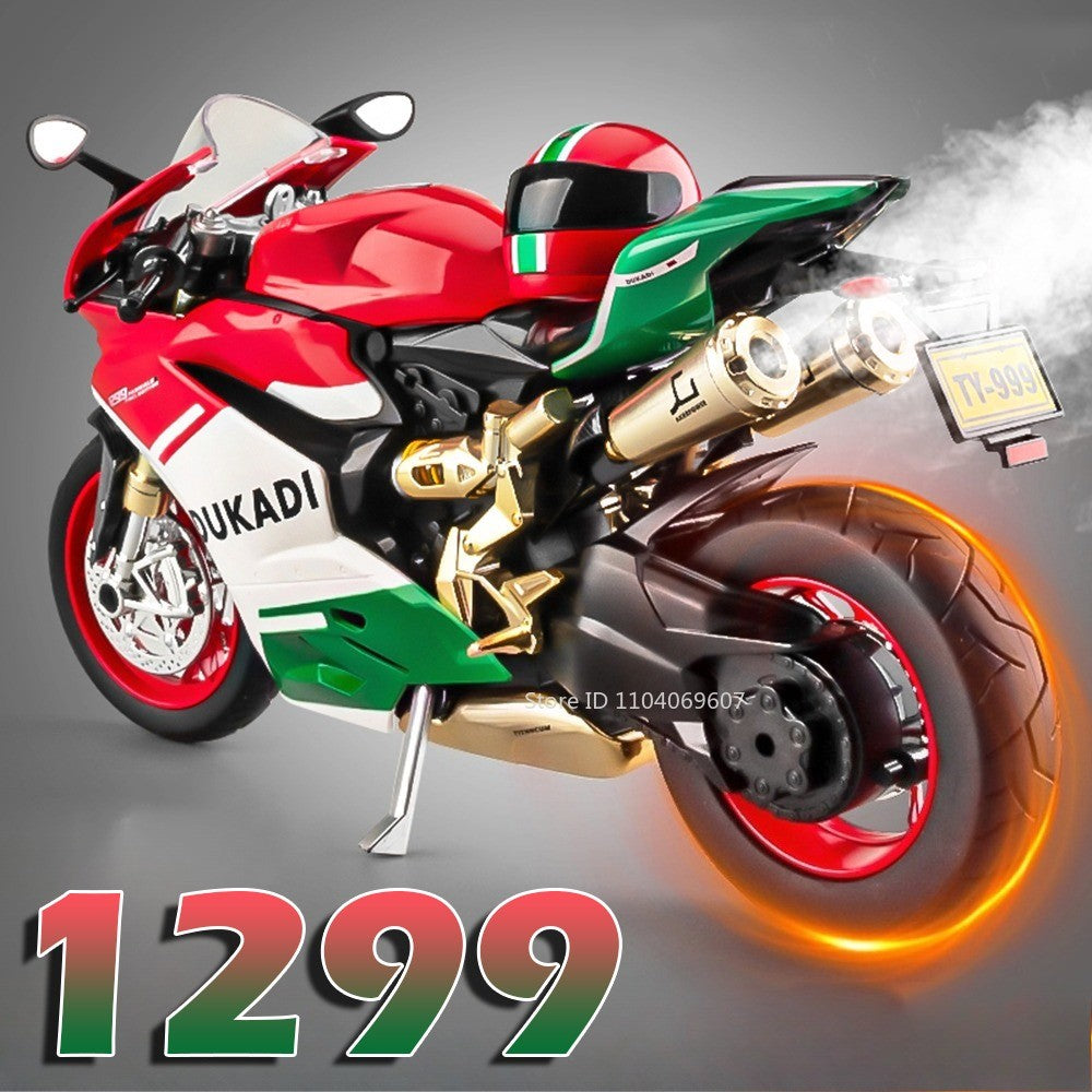 Modelos de motocicleta em miniatura 1:9 Scale 1299 V4S Brinquedos de motocicleta de liga leve com som, luz e absorção de choque, motocicletas de ornamento para presentes infantis