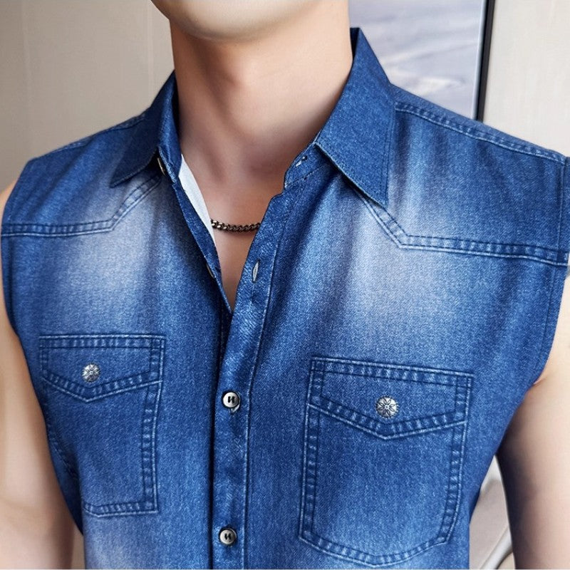 Men's Slim-Fit Sleeveless Denim Shirt Vest: WashedFabric Wrinkle-Free & Stylish Casual Wear? M-4XL