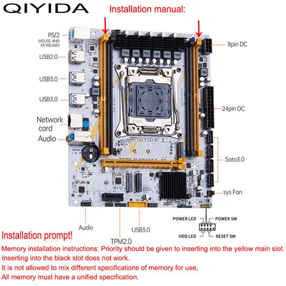 QIYIDA X99 Motherboard LGA2011-3 Slot SATA3.0 USB3.0 NVME M.2 NGFF WIFI Support DDR4 Memory and Xeon E5 V3 V4 Processor TPM14PIN