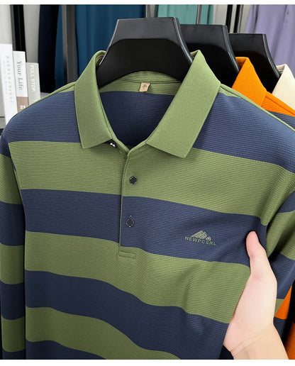 Unique stripe color blocked long sleeve polo shirt men high-end trend brand letters embossed spring autumn new comfort T-shirt