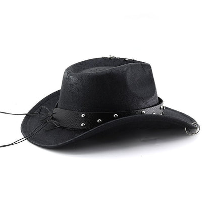 Unisex PU Leather Cowboy Hat - Western Style Panama Skull Belt for Party, Studded Metal Skeleton Festival Accessory