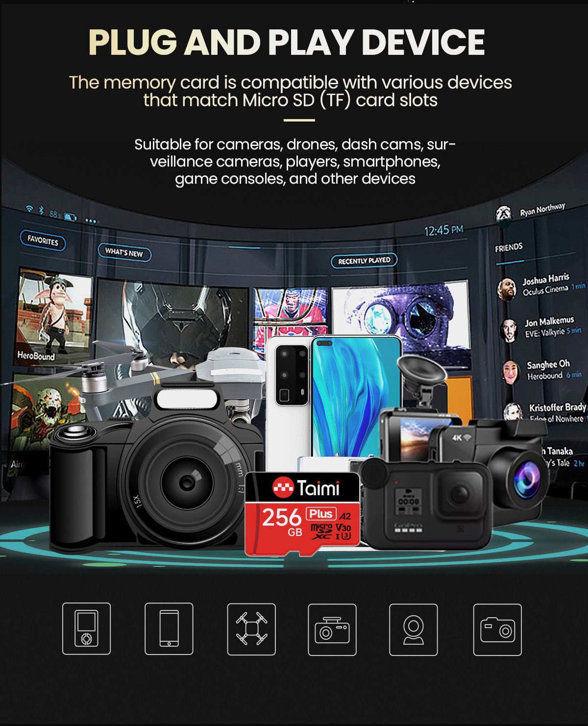 Cartão de memória Taimi Ultra microSDXC UHS-I - C10, U3, Full HD, A2, cartão MicroSD de 64 GB 256 GB para gravação e leitura em alta velocidade