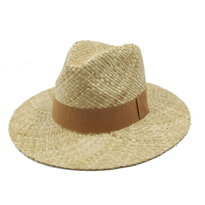 Chapéu de Palha Feminino de Verão Chapéu de Sol Luxuoso Feminino Chapéu de Praia de Proteção Solar da Moda Chapéu Panamá Francês Chapéu Raff de Aba Larga com Topo Abaulado