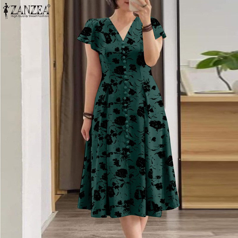 ZANZEA Woman Summer Dresses Ruffle Sleeve V-Neck Cinch Waist, Womens Elegant Flo