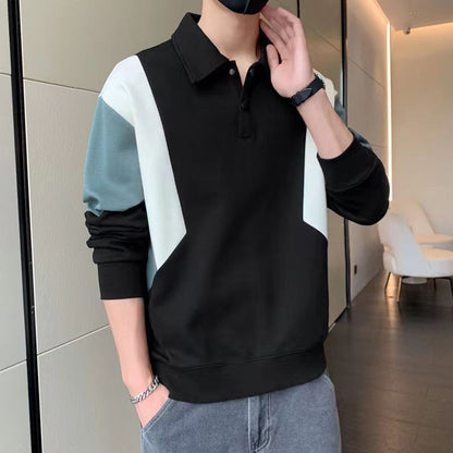 Contrast Patchwork Trend Loose Polo Neck Hoodies Sweatshirts Men's Spring Autumn Long Sleeve Casual Tops Fashion Korean Clothing