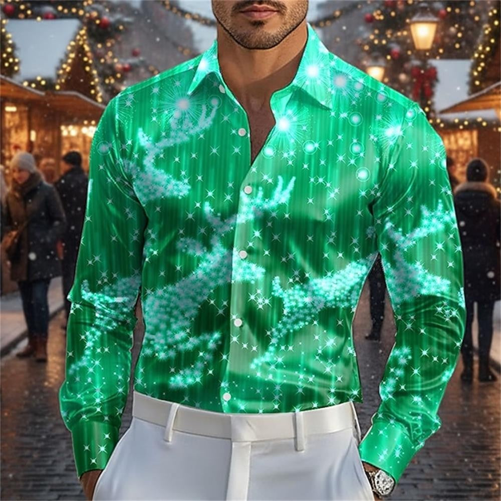 Fashionable 3D printed Christmas deer design style men's long sleeved shirt slim fit lapel button casual party plus men's shirt