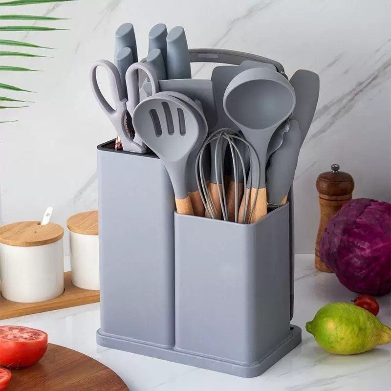 Conjunto de utensílios de cozinha de silicone, 19 peças com cabo de madeira, espátula, panela antiaderente e balde de armazenamento de facas multiuso integrado