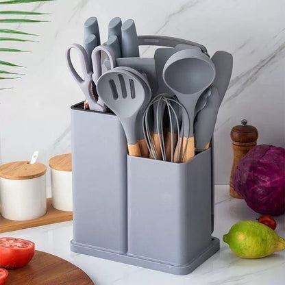 Conjunto de utensílios de cozinha de silicone, 19 peças com cabo de madeira, espátula, panela antiaderente e balde de armazenamento de facas multiuso integrado