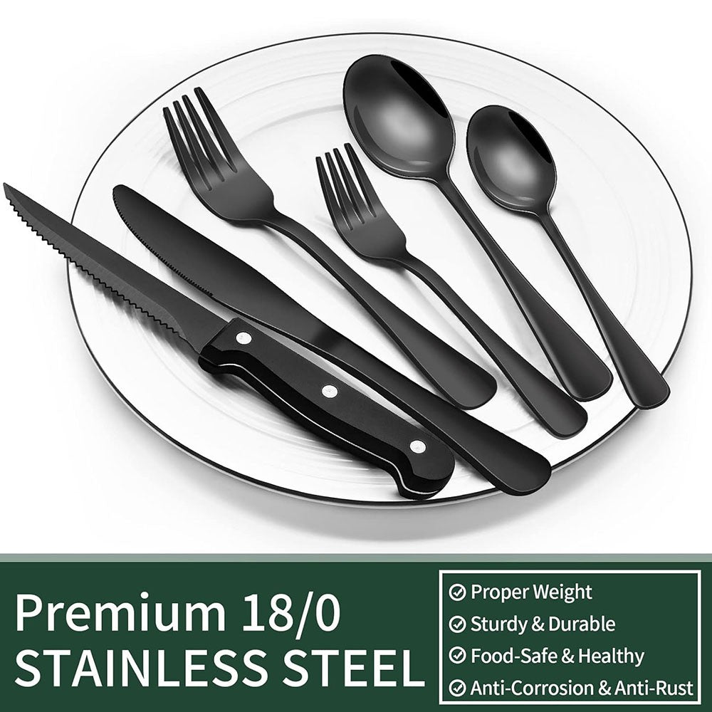 Conjunto de Talheres Pretos com Facas de Carne, Conjunto de Talheres para 4 Pessoas, Louça de Grau Alimentício, Conjunto de Talheres, Conjunto de Utensílios com Acabamento Espelhado
