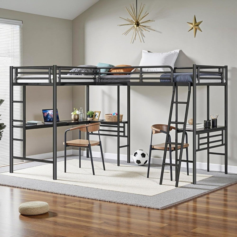 Twin Size L-Shaped Loft Bed with 2 Built-in Desks Metal Heavy-Duty Bunk with Safety Guard Rail And 2 Ladders Corner Bed